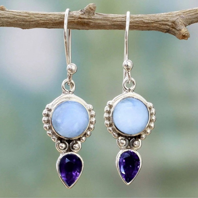 Boho Dangle Earrings for Women Vintage Selenite Turquoise Drop Earrings Ethnic Retro Pendant Ear Hook Beach Party Jewelry Gift