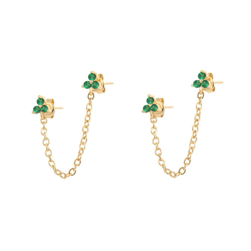 New Stainless Steel Cubic Zirconia Link Chain Ear Studs Earrings For Women Triangle Pendant Cartilage Earrings Piercing Jewelry