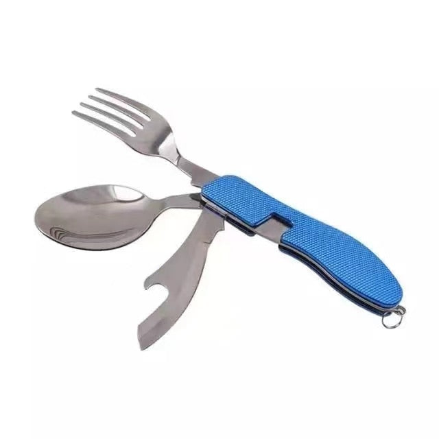 5in1 Multifunctional Stainless Steel Fork Picnic Camp Multifunctional Tableware Utensils Bottle Opener Portable Tableware Bottle