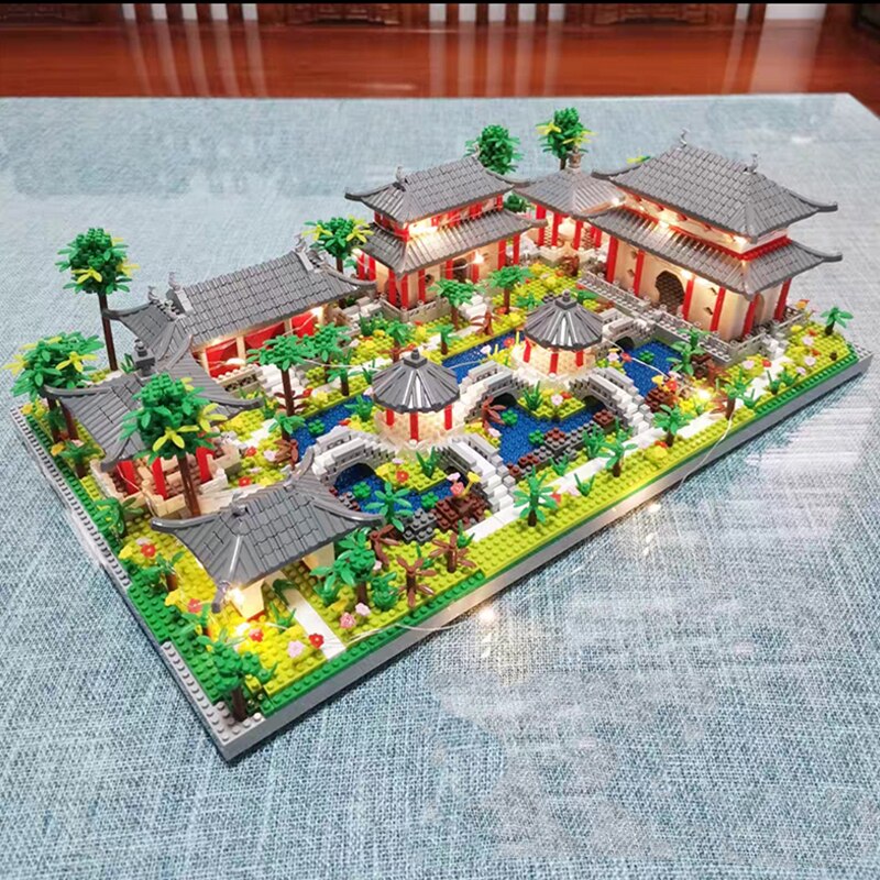 Lezi 9919 Architecture Ancient Pavilion Temple Lake Garden Light DIY Mini Diamond Blocks Bricks Building Toy for Children no Box