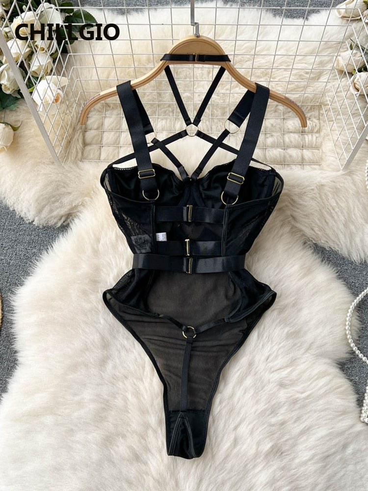 CHILLGIO Women Bodysuits Lingerie Sexy Fashion Sleepwear Hollow Combination Catsuits Slim Intimate Erotic Mesh Strappy Rompers