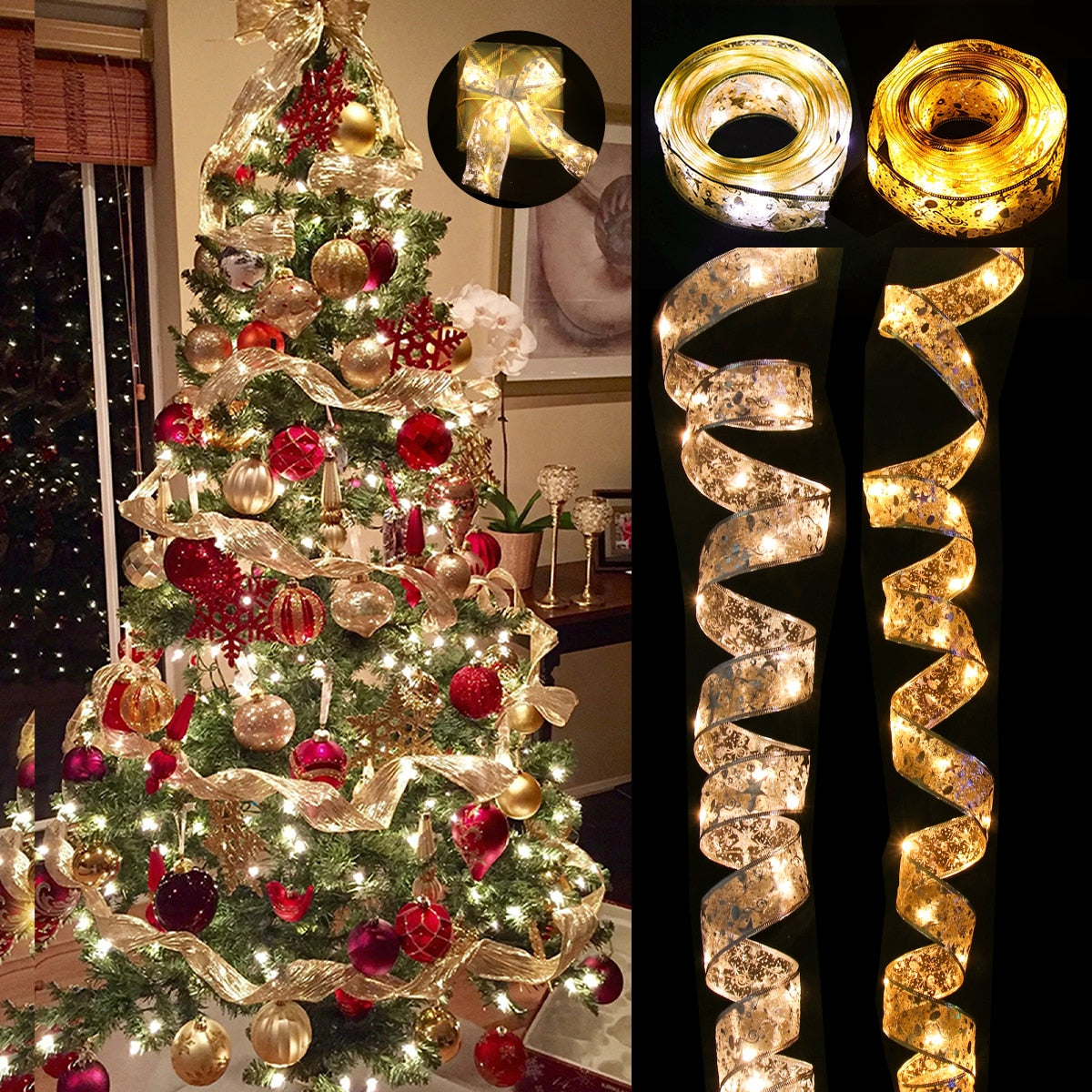Ribbon Fairy Light Christmas Decoration Christmas Tree Ornaments For Home 2022 Bows String Lights Navidad Natal New Year 2023