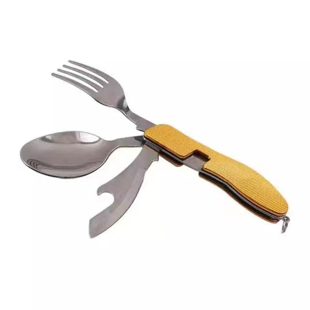 5in1 Multifunctional Stainless Steel Fork Picnic Camp Multifunctional Tableware Utensils Bottle Opener Portable Tableware Bottle