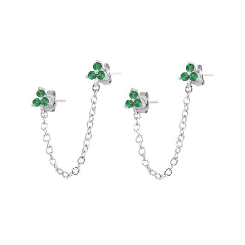 New Stainless Steel Cubic Zirconia Link Chain Ear Studs Earrings For Women Triangle Pendant Cartilage Earrings Piercing Jewelry