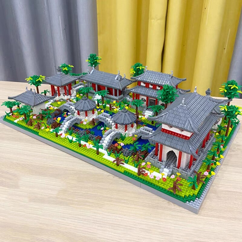 Lezi 9919 Architecture Ancient Pavilion Temple Lake Garden Light DIY Mini Diamond Blocks Bricks Building Toy for Children no Box