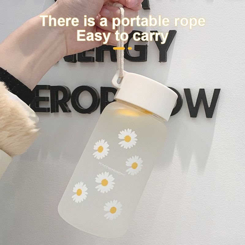 Large Mouth Frosted Daisy Portable Hemp Rope Plastic Water Cup Summer Fashion Girl Casual Water Bottle