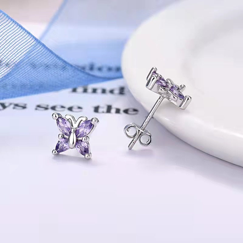 925 Sterling Silver Ear Needle Butterfly Hoop Earrings Colorful Crystal Animal Pendant Earrings for Women Party Fashion Jewelry