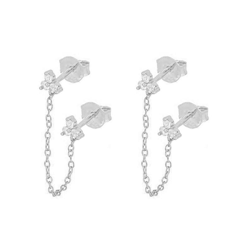 New Stainless Steel Cubic Zirconia Link Chain Ear Studs Earrings For Women Triangle Pendant Cartilage Earrings Piercing Jewelry