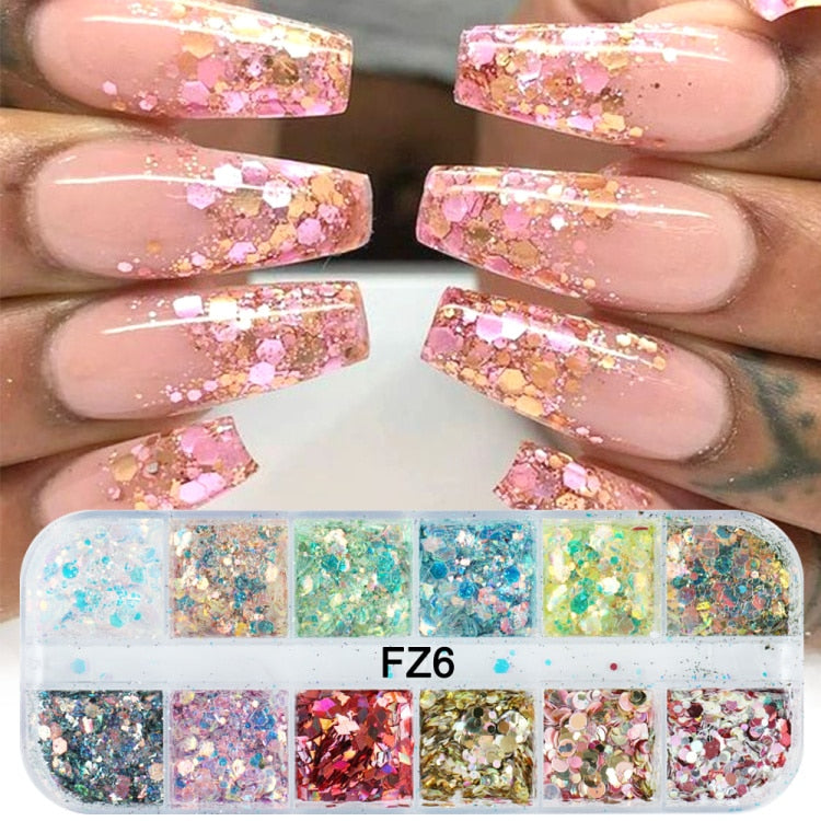 Iridescent Mixed Hexagon Nail Glitter Sequins Holo Flakes Nail Art Powder Gel Polish Paillette Manicure Accessories LADJ01-12-2