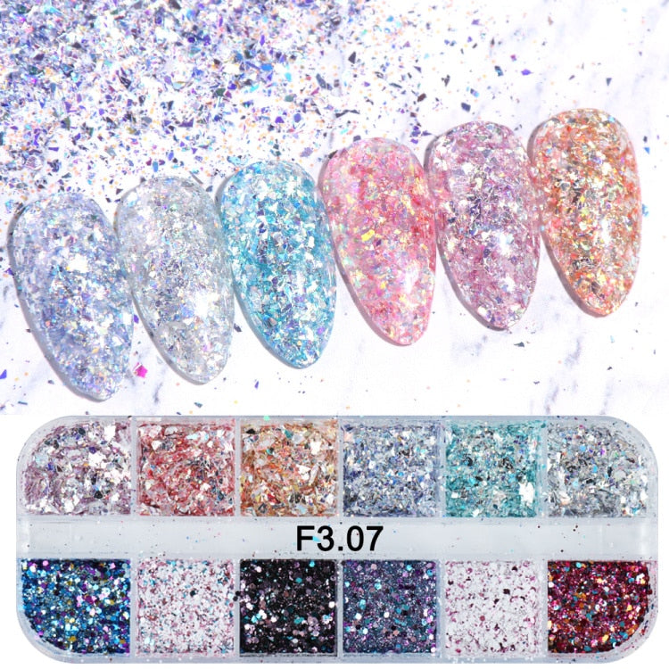 Iridescent Mixed Hexagon Nail Glitter Sequins Holo Flakes Nail Art Powder Gel Polish Paillette Manicure Accessories LADJ01-12-2
