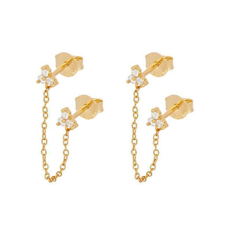 New Stainless Steel Cubic Zirconia Link Chain Ear Studs Earrings For Women Triangle Pendant Cartilage Earrings Piercing Jewelry