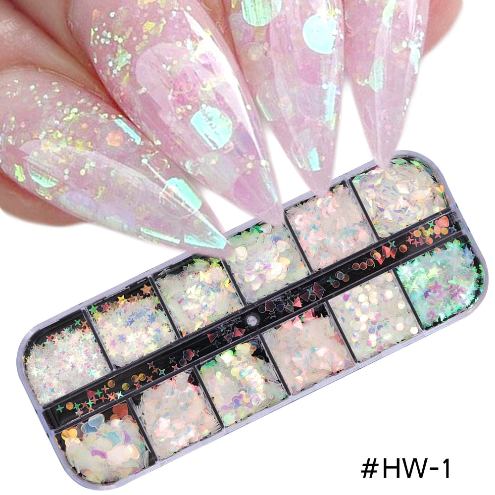 Iridescent Mixed Hexagon Nail Glitter Sequins Holo Flakes Nail Art Powder Gel Polish Paillette Manicure Accessories LADJ01-12-2