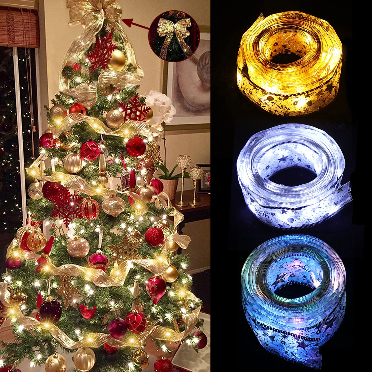 Ribbon Fairy Light Christmas Decoration Christmas Tree Ornaments For Home 2022 Bows String Lights Navidad Natal New Year 2023