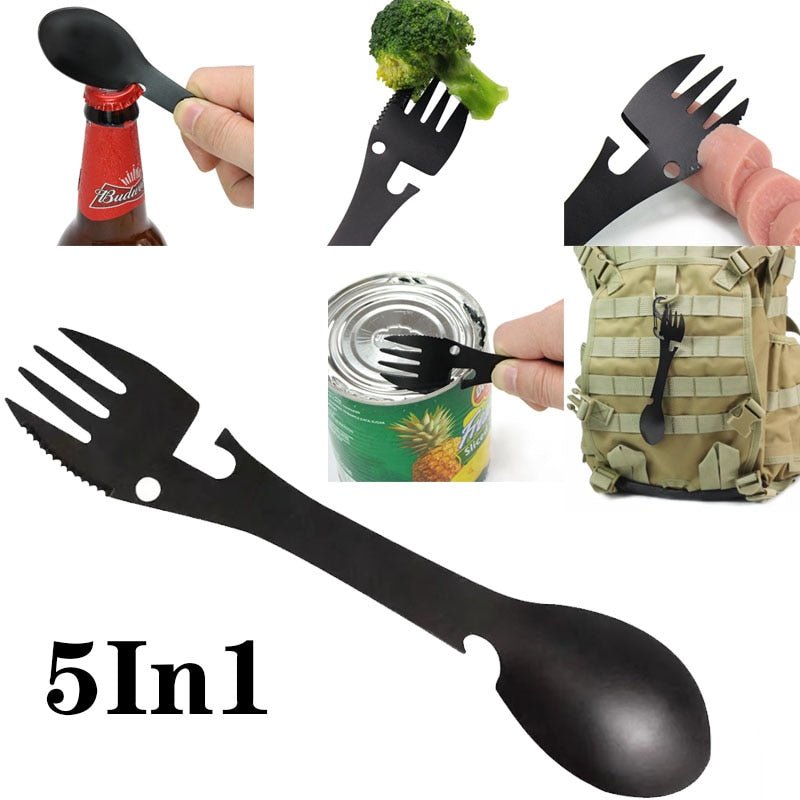 5in1 Multifunctional Stainless Steel Fork Picnic Camp Multifunctional Tableware Utensils Bottle Opener Portable Tableware Bottle