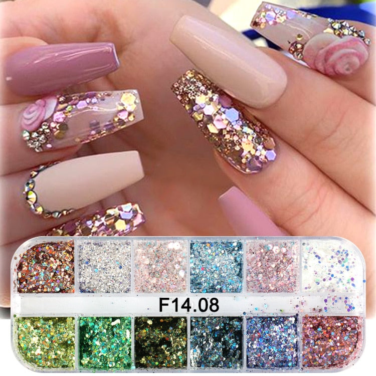 Iridescent Mixed Hexagon Nail Glitter Sequins Holo Flakes Nail Art Powder Gel Polish Paillette Manicure Accessories LADJ01-12-2