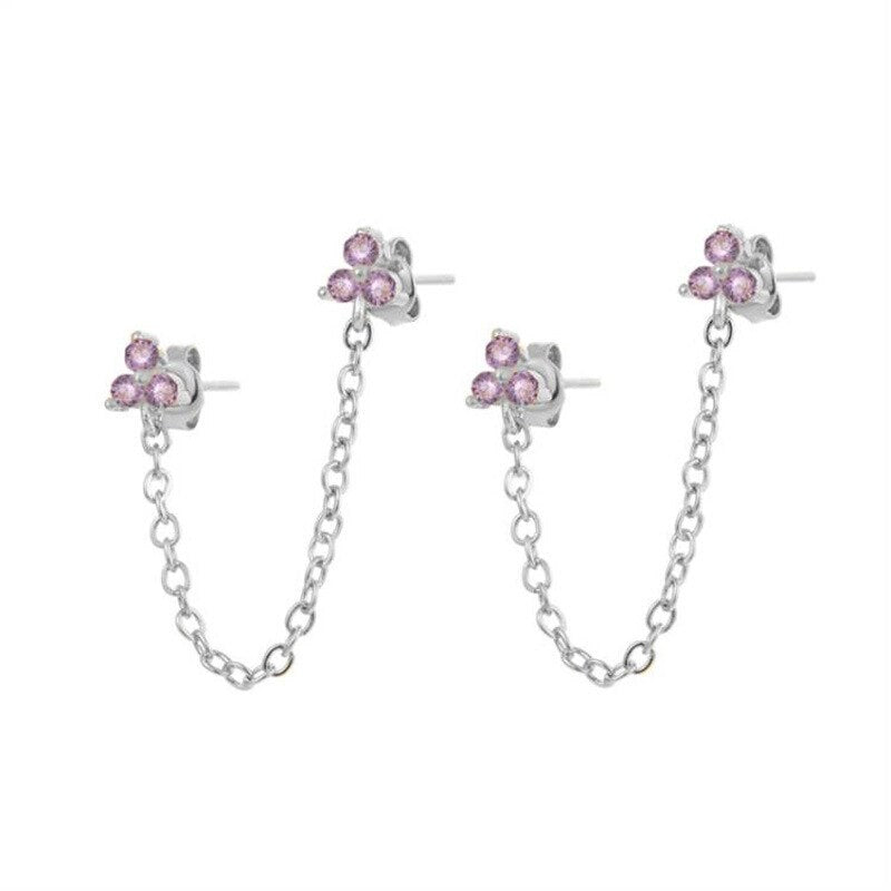 New Stainless Steel Cubic Zirconia Link Chain Ear Studs Earrings For Women Triangle Pendant Cartilage Earrings Piercing Jewelry