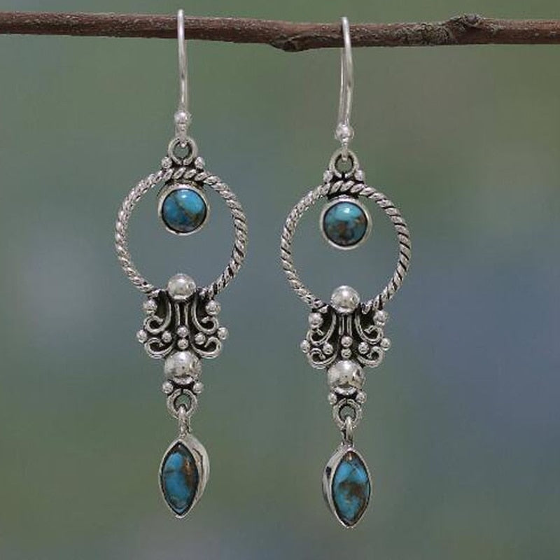 Boho Dangle Earrings for Women Vintage Selenite Turquoise Drop Earrings Ethnic Retro Pendant Ear Hook Beach Party Jewelry Gift
