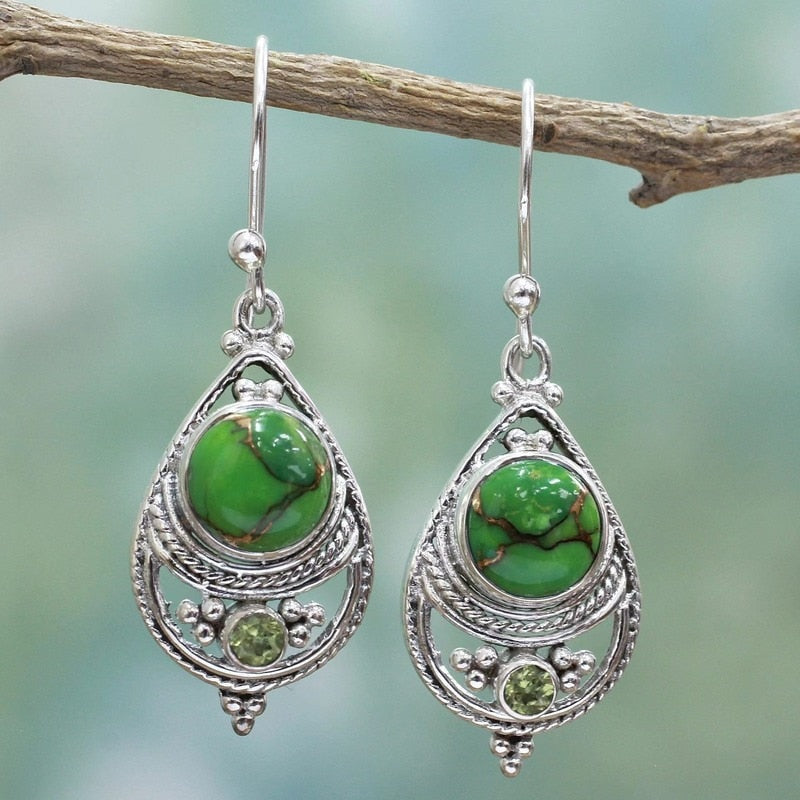 Boho Dangle Earrings for Women Vintage Selenite Turquoise Drop Earrings Ethnic Retro Pendant Ear Hook Beach Party Jewelry Gift