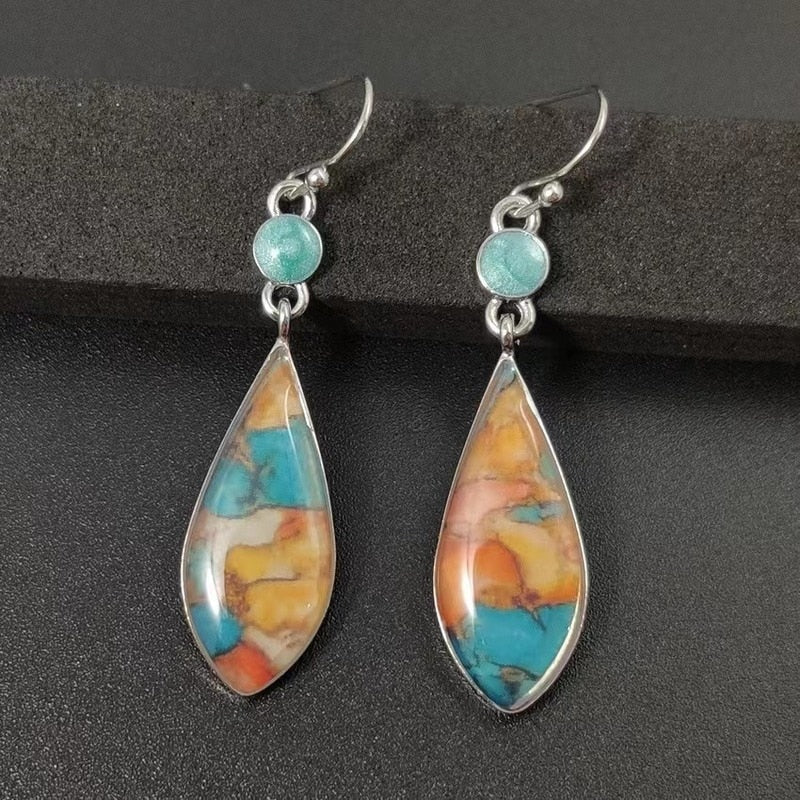 Boho Dangle Earrings for Women Vintage Selenite Turquoise Drop Earrings Ethnic Retro Pendant Ear Hook Beach Party Jewelry Gift