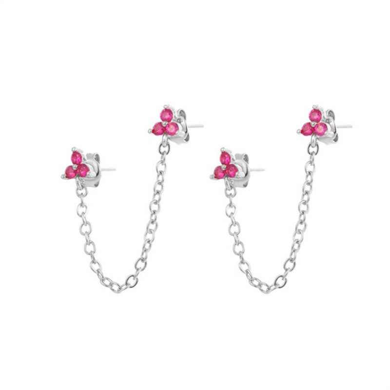 New Stainless Steel Cubic Zirconia Link Chain Ear Studs Earrings For Women Triangle Pendant Cartilage Earrings Piercing Jewelry