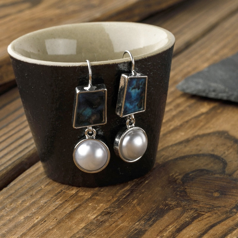 Boho Dangle Earrings for Women Vintage Selenite Turquoise Drop Earrings Ethnic Retro Pendant Ear Hook Beach Party Jewelry Gift