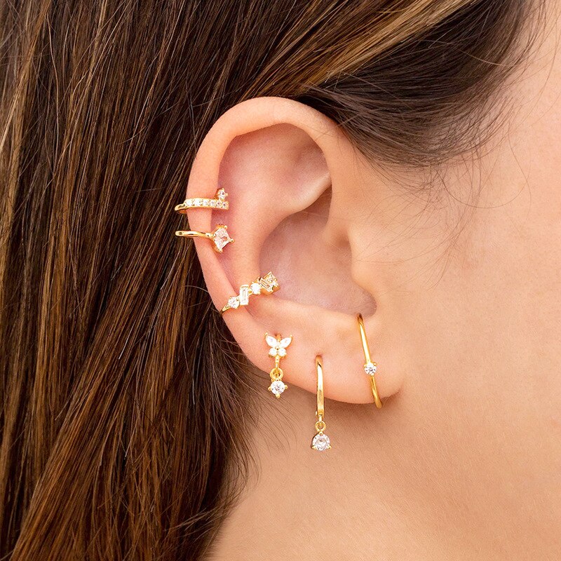 New Stainless Steel Cubic Zirconia Link Chain Ear Studs Earrings For Women Triangle Pendant Cartilage Earrings Piercing Jewelry