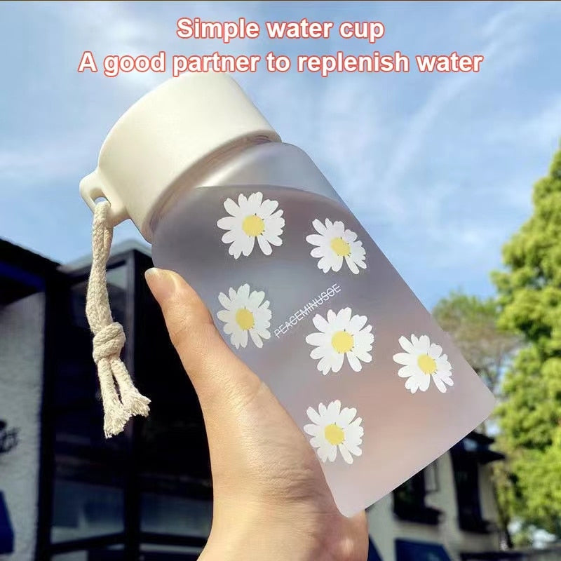 Large Mouth Frosted Daisy Portable Hemp Rope Plastic Water Cup Summer Fashion Girl Casual Water Bottle