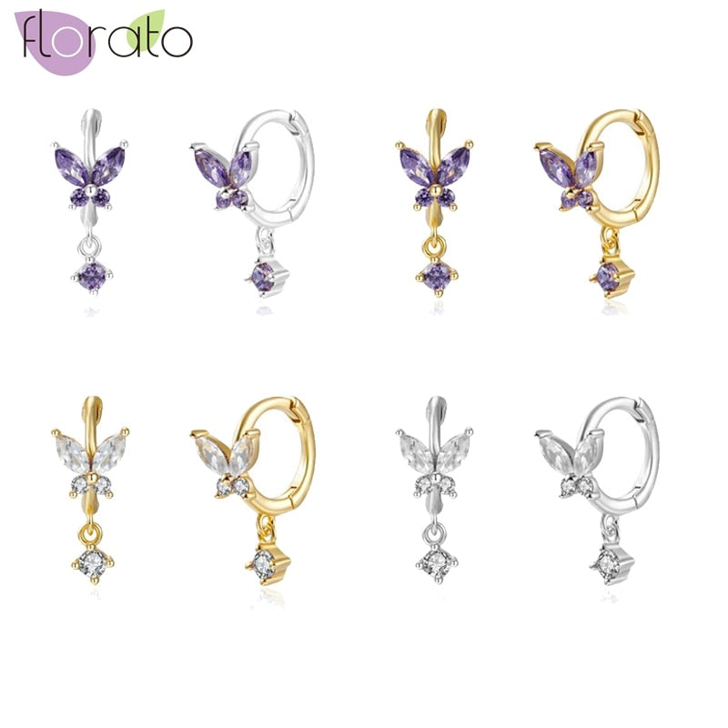 925 Sterling Silver Ear Needle Butterfly Hoop Earrings Colorful Crystal Animal Pendant Earrings for Women Party Fashion Jewelry