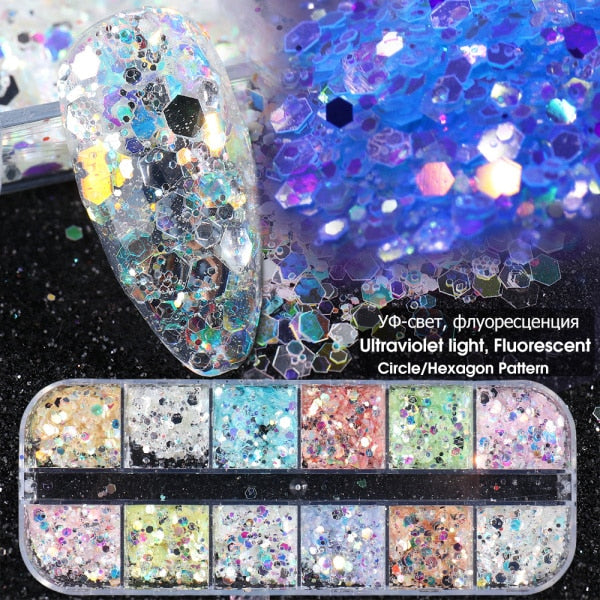 Iridescent Mixed Hexagon Nail Glitter Sequins Holo Flakes Nail Art Powder Gel Polish Paillette Manicure Accessories LADJ01-12-2