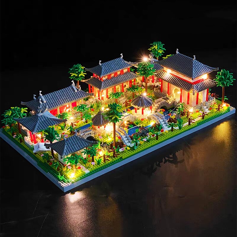 Lezi 9919 Architecture Ancient Pavilion Temple Lake Garden Light DIY Mini Diamond Blocks Bricks Building Toy for Children no Box