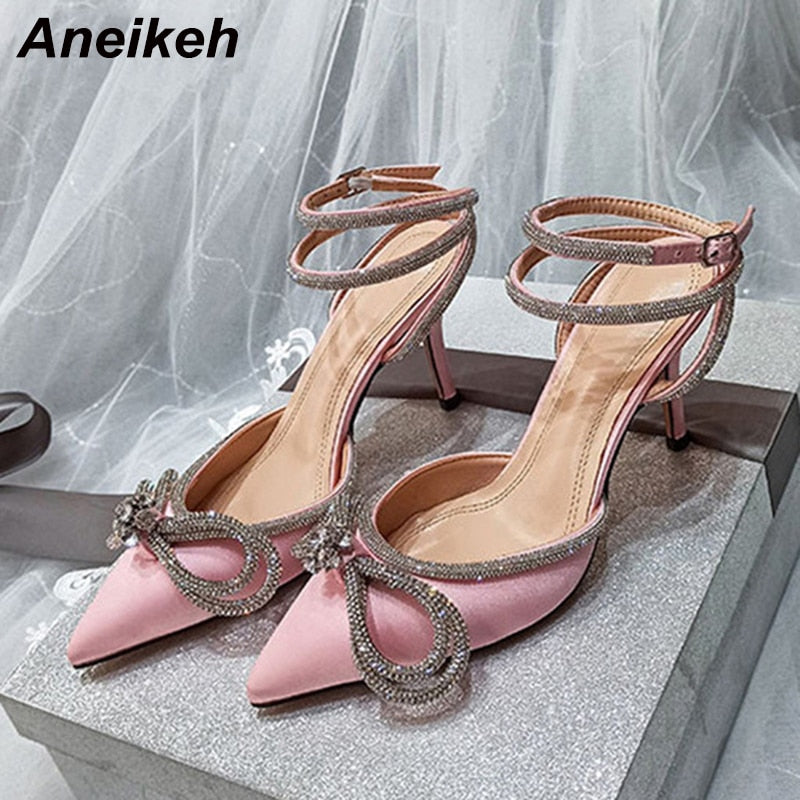 Aneikeh Spring/Autumn 2023 Women's Shoes Fashion Butterfly-Knot Narrow Band Bling Patchwork Cross-Tied Crystal Pointed Toe Pumps