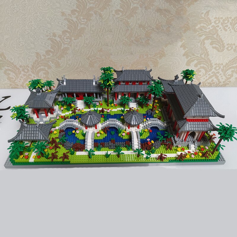 Lezi 9919 Architecture Ancient Pavilion Temple Lake Garden Light DIY Mini Diamond Blocks Bricks Building Toy for Children no Box