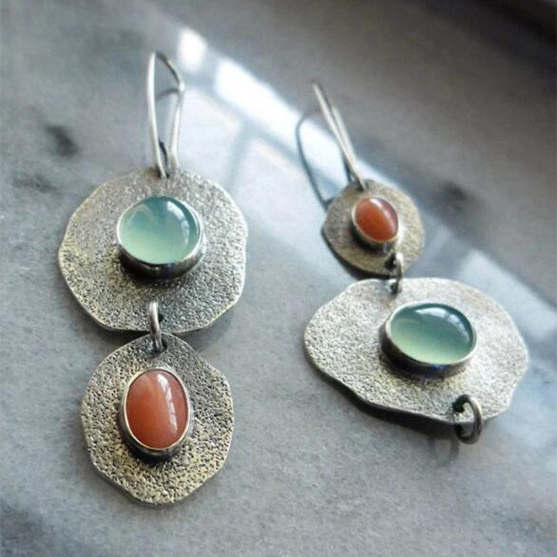Boho Dangle Earrings for Women Vintage Selenite Turquoise Drop Earrings Ethnic Retro Pendant Ear Hook Beach Party Jewelry Gift