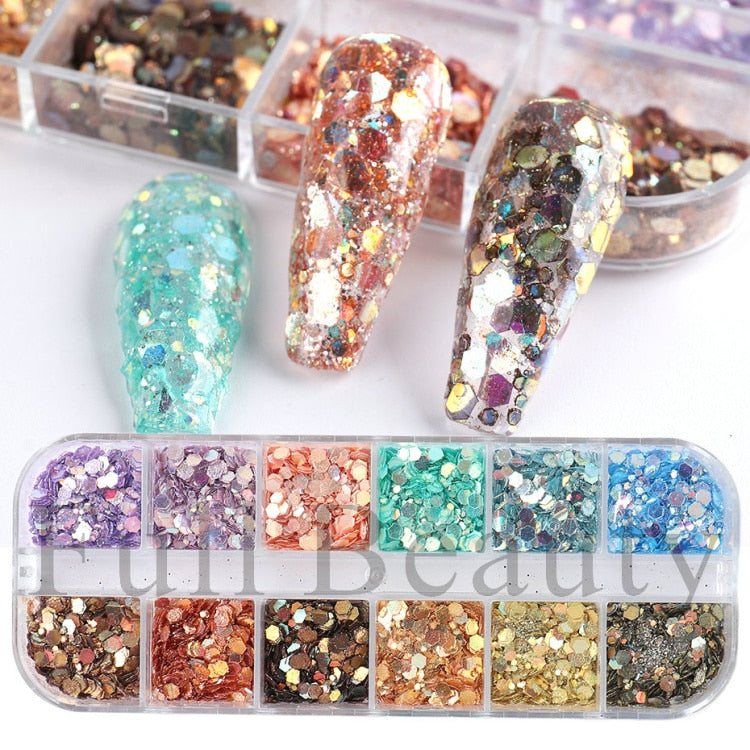 Iridescent Mixed Hexagon Nail Glitter Sequins Holo Flakes Nail Art Powder Gel Polish Paillette Manicure Accessories LADJ01-12-2