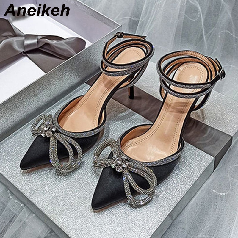 Aneikeh Spring/Autumn 2023 Women's Shoes Fashion Butterfly-Knot Narrow Band Bling Patchwork Cross-Tied Crystal Pointed Toe Pumps