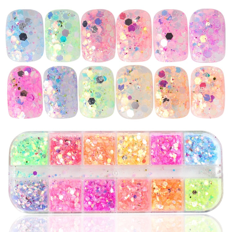 Iridescent Mixed Hexagon Nail Glitter Sequins Holo Flakes Nail Art Powder Gel Polish Paillette Manicure Accessories LADJ01-12-2