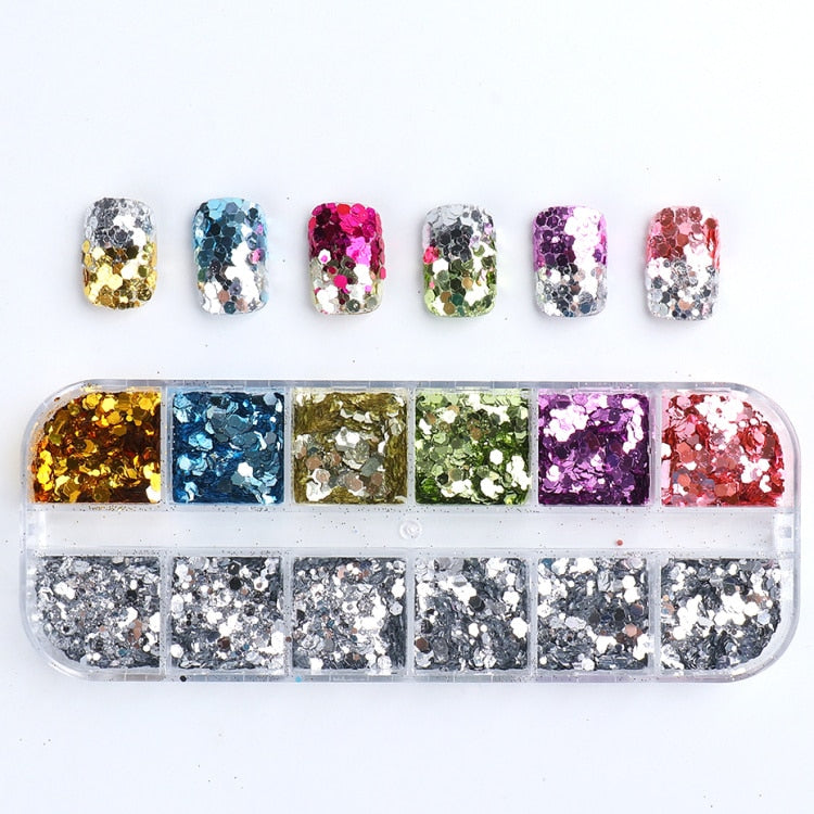 Iridescent Mixed Hexagon Nail Glitter Sequins Holo Flakes Nail Art Powder Gel Polish Paillette Manicure Accessories LADJ01-12-2