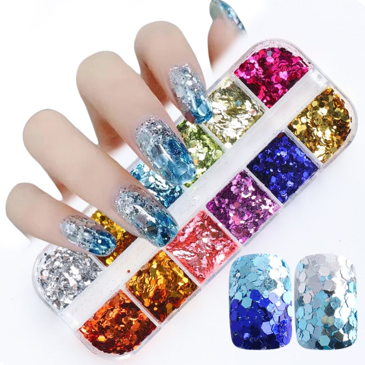 Iridescent Mixed Hexagon Nail Glitter Sequins Holo Flakes Nail Art Powder Gel Polish Paillette Manicure Accessories LADJ01-12-2
