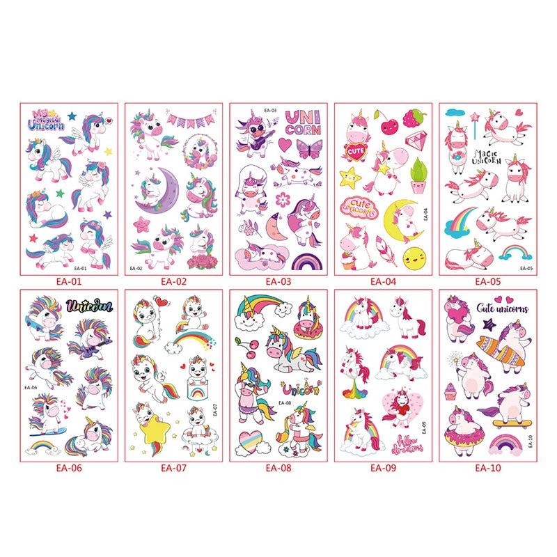 10Sheets/lot Children Cute Cartoon Unicorn Temporary Tattoo Stickers Baby Shower Kids Body Makeup Sticker Tattoos Mermaid Party