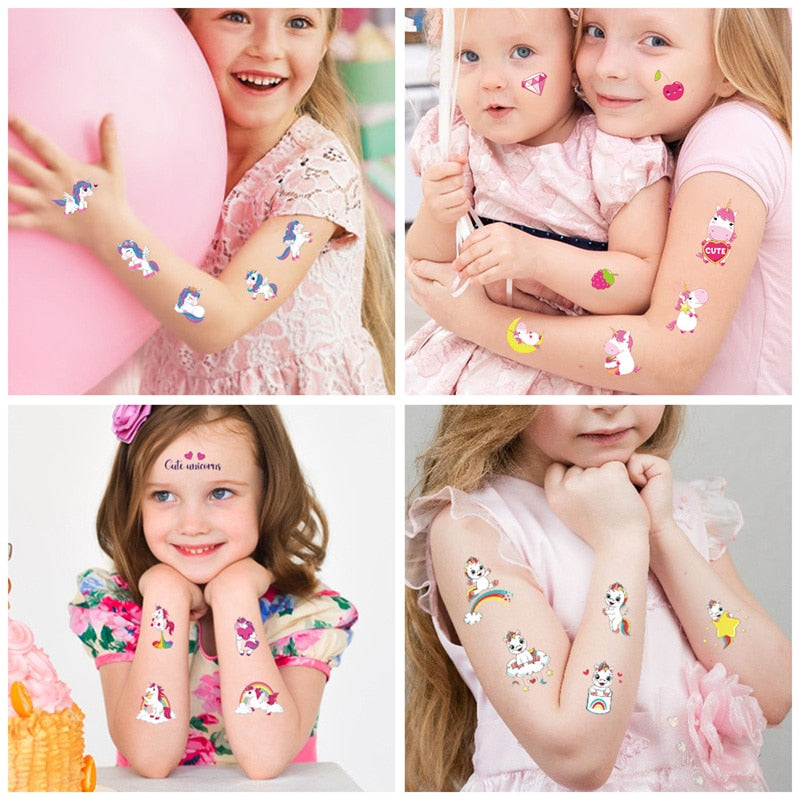 10Sheets/lot Children Cute Cartoon Unicorn Temporary Tattoo Stickers Baby Shower Kids Body Makeup Sticker Tattoos Mermaid Party