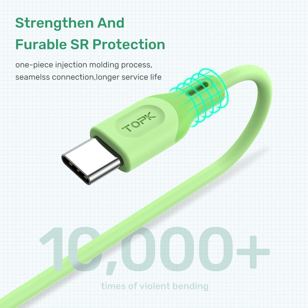 TOPK AN84 مايكرو USB نوع C كابل ل شاومي redmi نوت 9 3A شحن سريع السائل سيليكون الهاتف المحمول كابل البيانات لسامسونج
