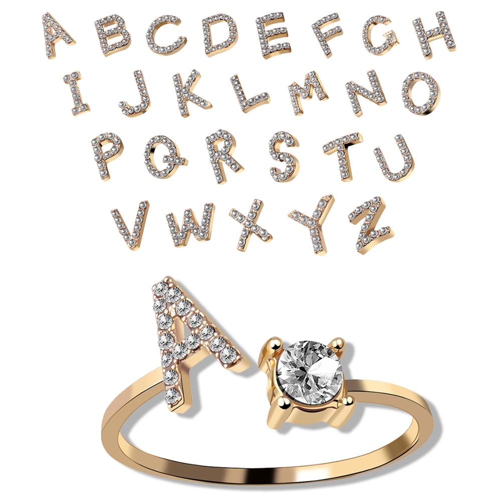 1PC Shining Rhinestone Mosaic 26 Letters Initial Ring New Fashion Opening Cuff Ring For Women Charm Jewelry Gift
