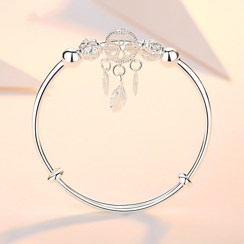 Adjustable Silver Color Dreamcatcher Tassel Feather Round Bead Charm Bracelet &amp;Bangle For Women Elegant Jewelry sl209