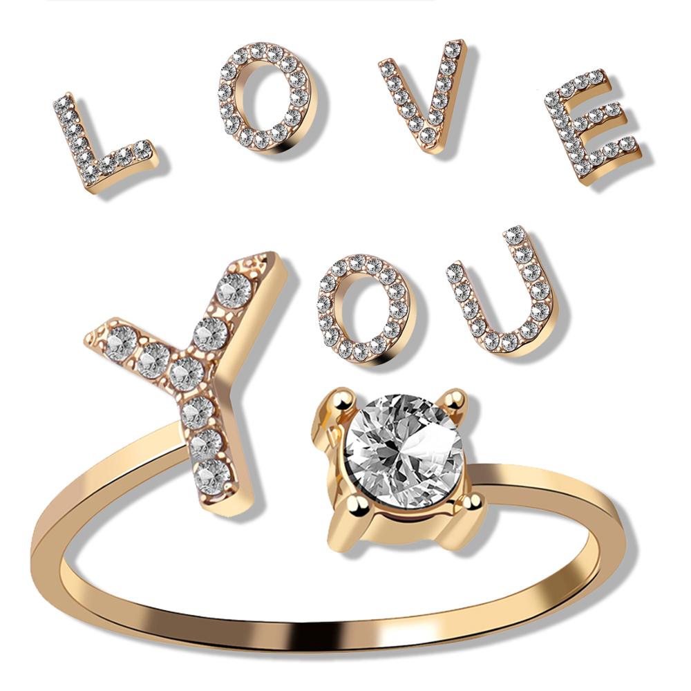 1PC Shining Rhinestone Mosaic 26 Letters Initial Ring New Fashion Opening Cuff Ring For Women Charm Jewelry Gift