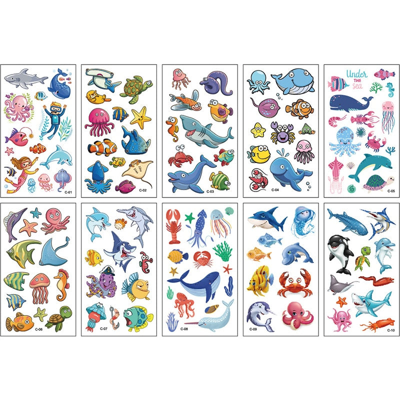 10Sheets/lot Children Cute Cartoon Unicorn Temporary Tattoo Stickers Baby Shower Kids Body Makeup Sticker Tattoos Mermaid Party
