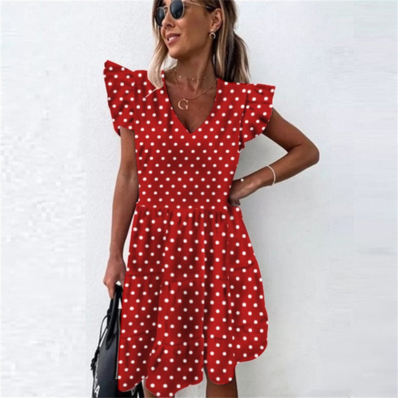 Robe à volants pour femmes, tenue décontractée, Slim, mince, plage, fête, col rond, Mini, motifs à pois, printemps, été, 2021