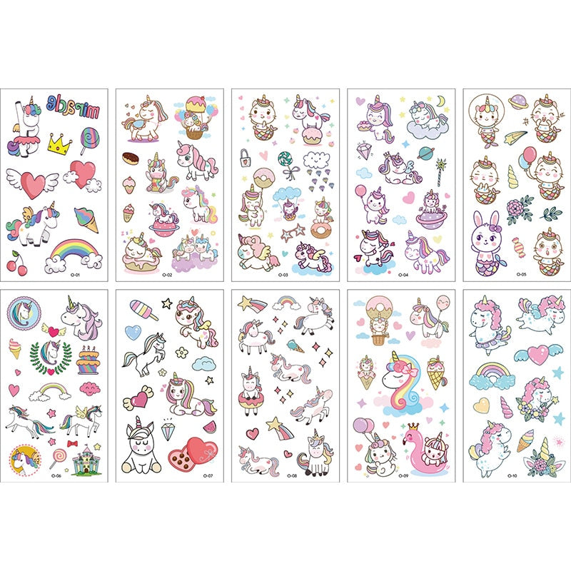 10Sheets/lot Children Cute Cartoon Unicorn Temporary Tattoo Stickers Baby Shower Kids Body Makeup Sticker Tattoos Mermaid Party