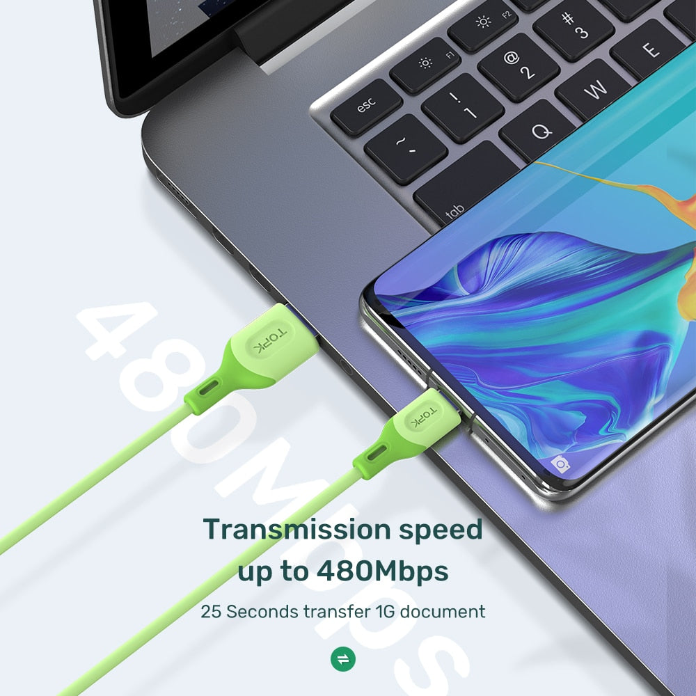 TOPK AN84 مايكرو USB نوع C كابل ل شاومي redmi نوت 9 3A شحن سريع السائل سيليكون الهاتف المحمول كابل البيانات لسامسونج