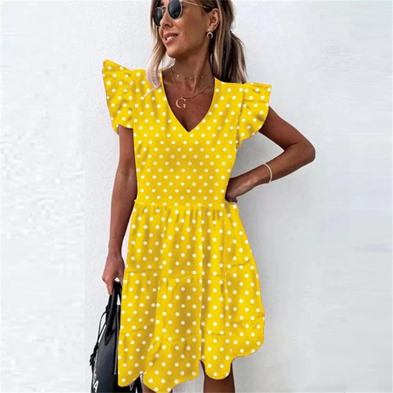 Robe à volants pour femmes, tenue décontractée, Slim, mince, plage, fête, col rond, Mini, motifs à pois, printemps, été, 2021