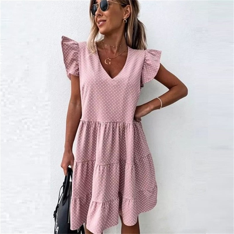 Robe à volants pour femmes, tenue décontractée, Slim, mince, plage, fête, col rond, Mini, motifs à pois, printemps, été, 2021